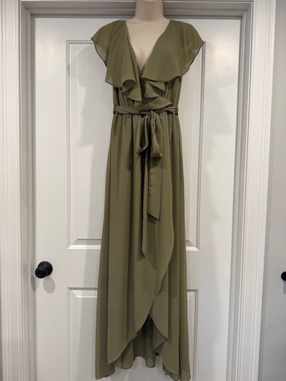 Baltic Born Katya Maxi Dress in Dusty Olive Green Ruffle V-Neck, Size Medium